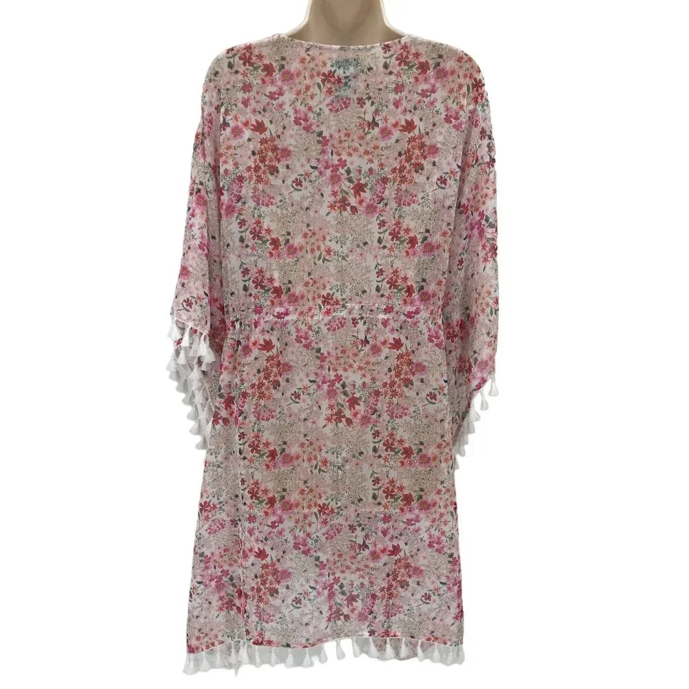 Charlie Paige Womens Cream Floral  Lace V Neck 3/4 Kimono Sleeve Swim Cover OS - Picture 6 of 9